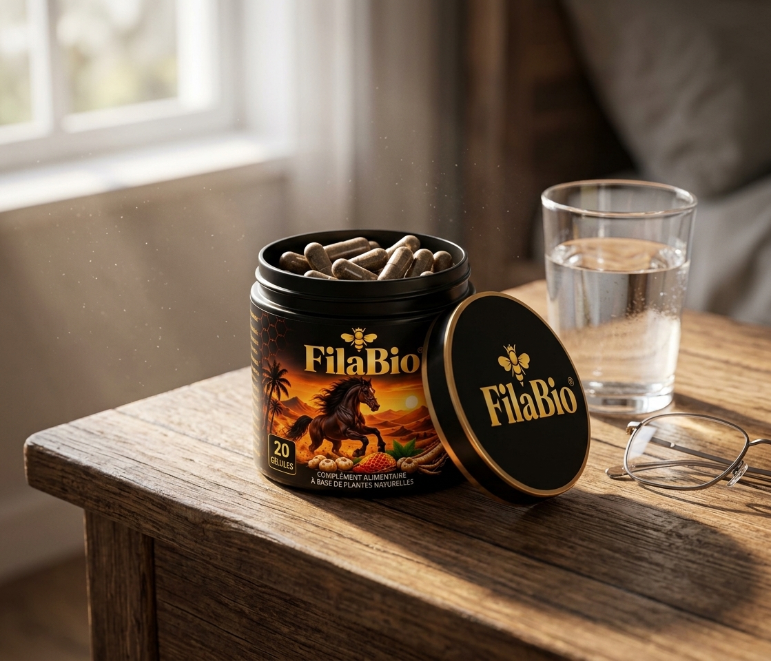 Pot FilaBio ouvert avec gélules et verre d'eau
